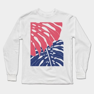 Abstract Blue And Red Monstera Leaves 2 Long Sleeve T-Shirt